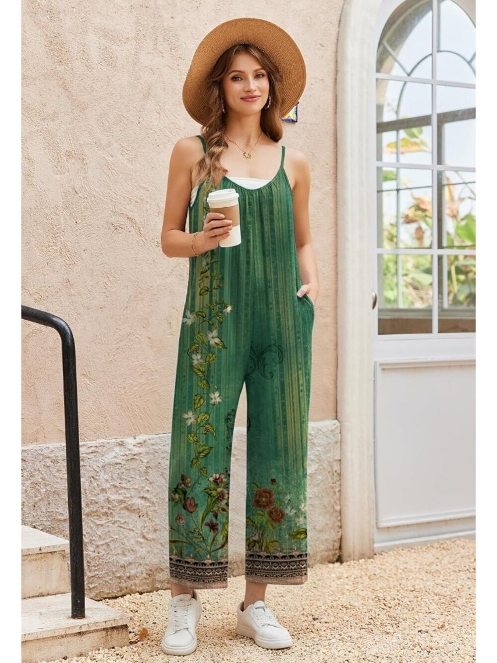 Women's Jumpsuits Floral Ice Green Wide Leg Sleeveless Outfit Romper with Pocket - Picture 4 of 6